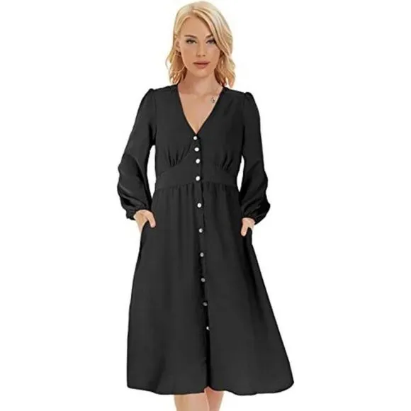 𝅺WOMEN'S Split Deep V Midi Dress with Pockets Ls &amp; Black