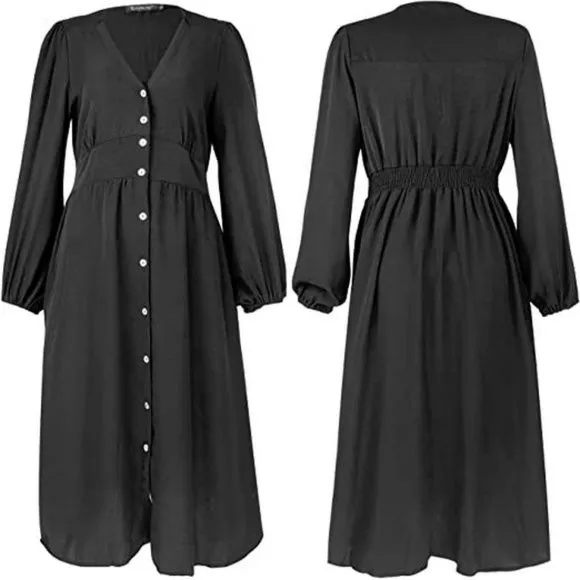 𝅺WOMEN'S Split Deep V Midi Dress with Pockets Ls &amp; Black