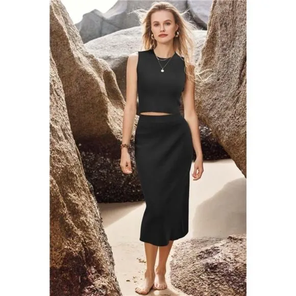 Women's Spring Two Piece Sets Tank Top and A Line Midi Skirt Knit Dress