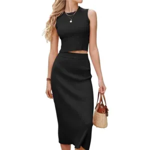 Women's Spring Two Piece Sets Tank Top and A Line Midi Skirt Knit Dress