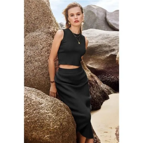 Women's Spring Two Piece Sets Tank Top and A Line Midi Skirt Knit Dress