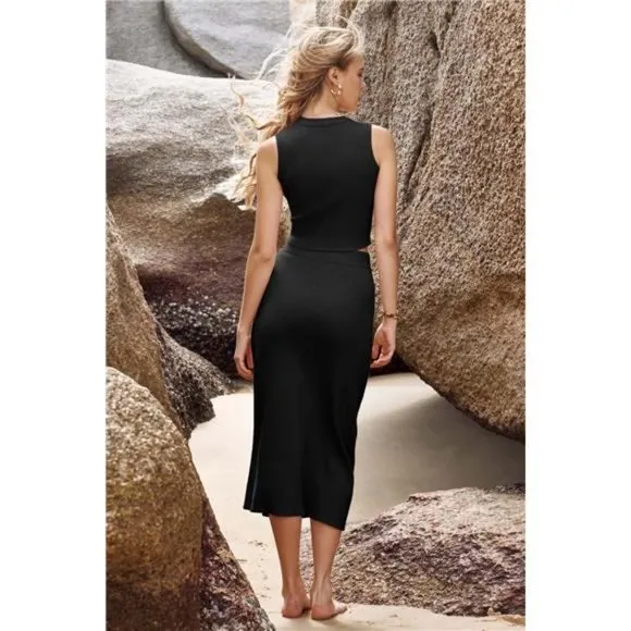 Women's Spring Two Piece Sets Tank Top and A Line Midi Skirt Knit Dress