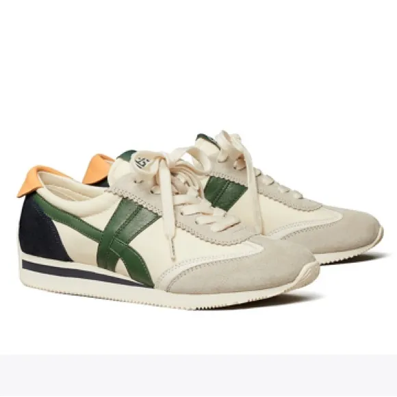 Women's Tory Burch Sz 8.5 M Hank Green White Sneakers Shoes Suede Leather Retro