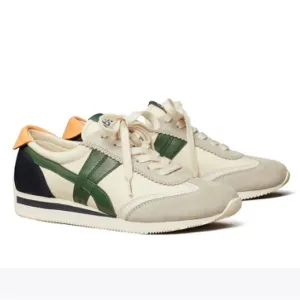 Women's Tory Burch Sz 8.5 M Hank Green White Sneakers Shoes Suede Leather Retro