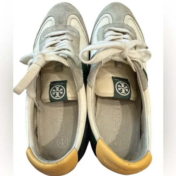 Women's Tory Burch Sz 8.5 M Hank Green White Sneakers Shoes Suede Leather Retro