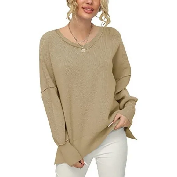 Women's V Neck Long Sleeve Pullover Sweater Top, Khaki