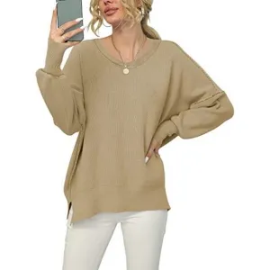 Women's V Neck Long Sleeve Pullover Sweater Top, Khaki