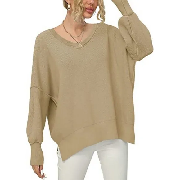 Women's V Neck Long Sleeve Pullover Sweater Top, Khaki