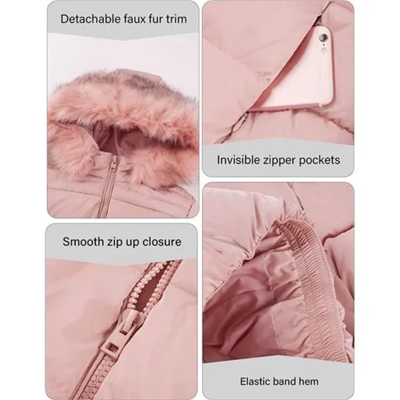 Women's Warm Quilted Bubble Padded Hood Coat with Faux Fur Collar, Pink