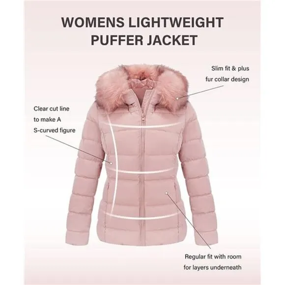 Women's Warm Quilted Bubble Padded Hood Coat with Faux Fur Collar, Pink