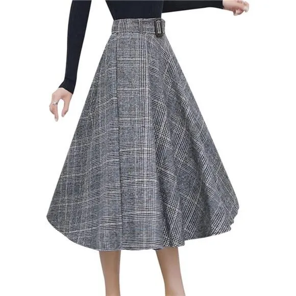 Women's Winter Warm Elastic Waist Wool Plaid A-Line Pleated Long Skirt