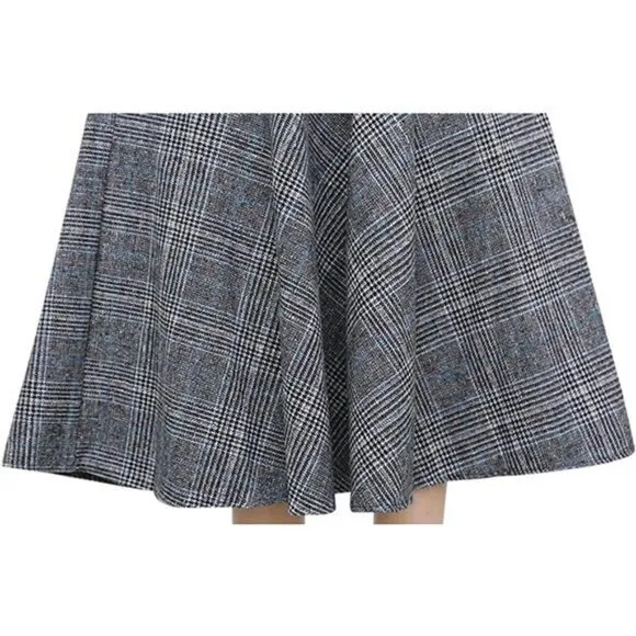 Women's Winter Warm Elastic Waist Wool Plaid A-Line Pleated Long Skirt