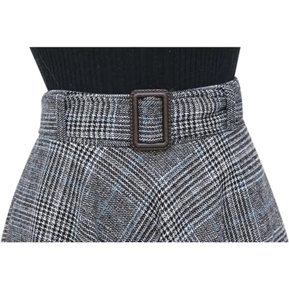 Women's Winter Warm Elastic Waist Wool Plaid A-Line Pleated Long Skirt