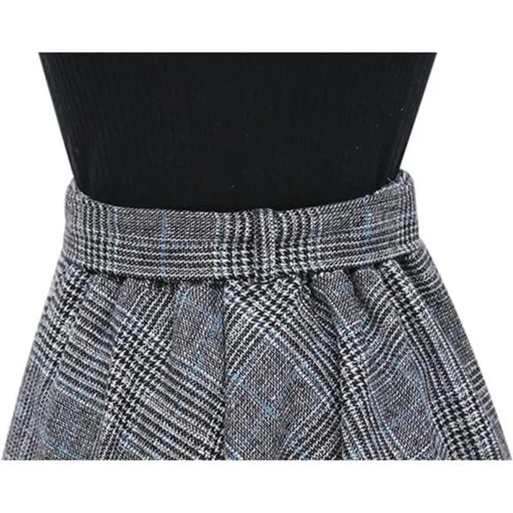 Women's Winter Warm Elastic Waist Wool Plaid A-Line Pleated Long Skirt