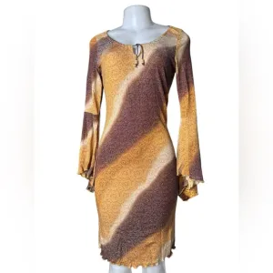 Y2K Jananas Metallic Knit Bodycon Dress Bell Sleeve Tie Front Medium VTG 90s/00s