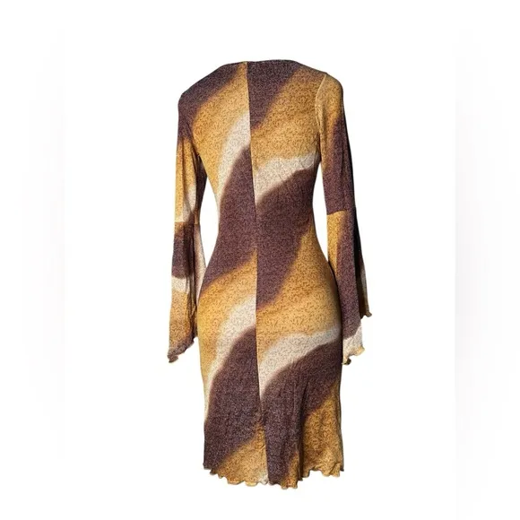 Y2K Jananas Metallic Knit Bodycon Dress Bell Sleeve Tie Front Medium VTG 90s/00s