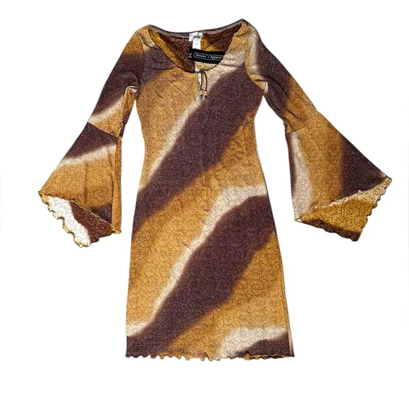 Y2K Jananas Metallic Knit Bodycon Dress Bell Sleeve Tie Front Medium VTG 90s/00s